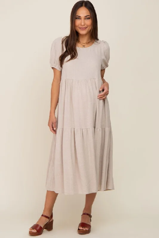 "Work - appropriate dresses for professional women"Beige Linen Short Sleeve Tiered Back Tie Maternity Midi Dress "Work - appropriate dresses for professional women"Beige Linen Short Sleeve Tiered Back Tie Maternity Midi Dress