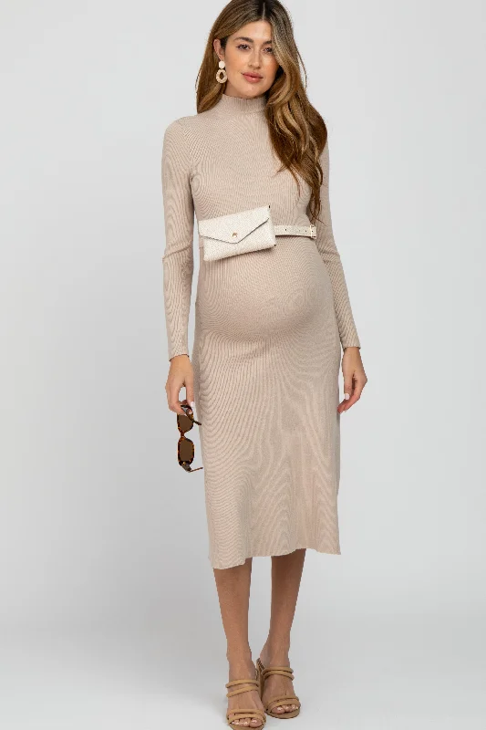 "Red dresses for women to make a bold statement"Beige Mock Neck Flared Maternity Midi Dress "Red dresses for women to make a bold statement"Beige Mock Neck Flared Maternity Midi Dress