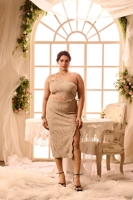 "Elegant wedding guest dresses for women under $100"Euphemie Beige Textured Knit Embellished Coord Set "Elegant wedding guest dresses for women under $100"Euphemie Beige Textured Knit Embellished Coord Set