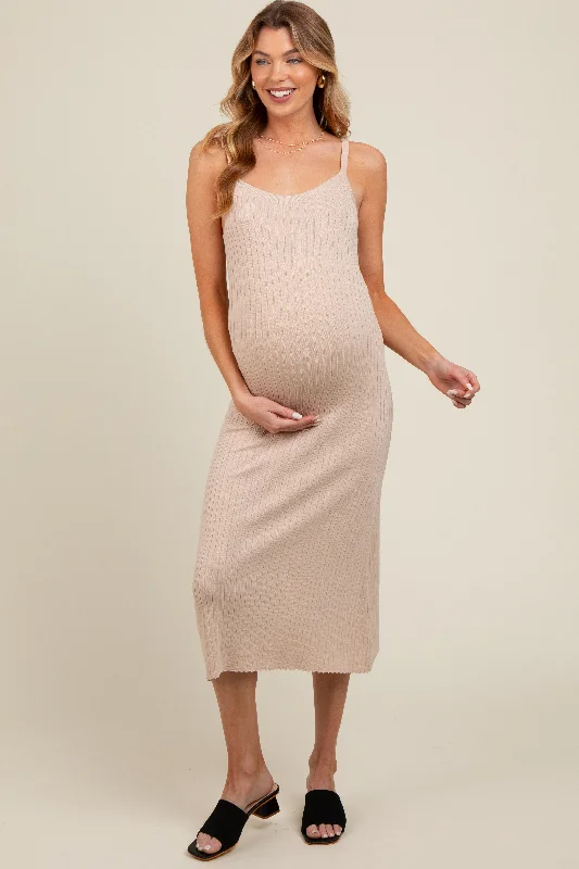 "Plus size wedding dresses for women with a perfect fit"Beige Square Neck Ribbed Sleeveless Maternity Midi Dress "Plus size wedding dresses for women with a perfect fit"Beige Square Neck Ribbed Sleeveless Maternity Midi Dress