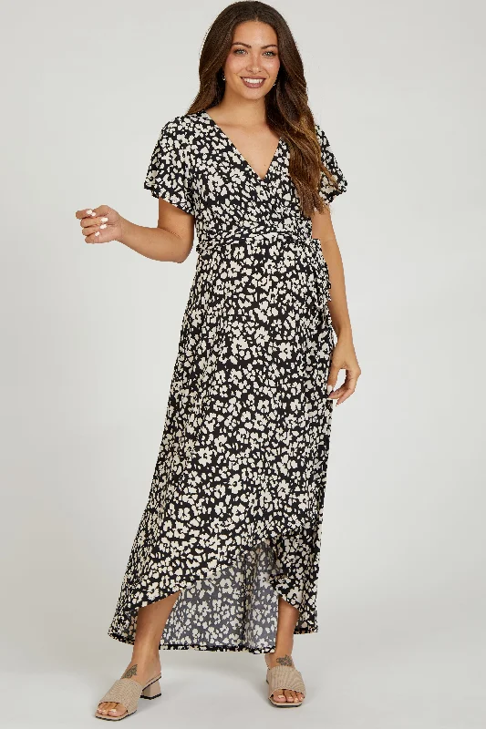 "Black tie dresses for women for formal galas"Black Animal Print Wrap Front V-Neck Hi-Low Maternity Midi Dress "Black tie dresses for women for formal galas"Black Animal Print Wrap Front V-Neck Hi-Low Maternity Midi Dress