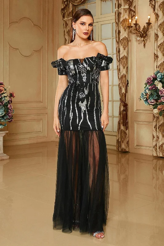 "Shirt dresses for women for a smart - casual style"Black Bodycon Off the Shoulder Long Prom Dress
