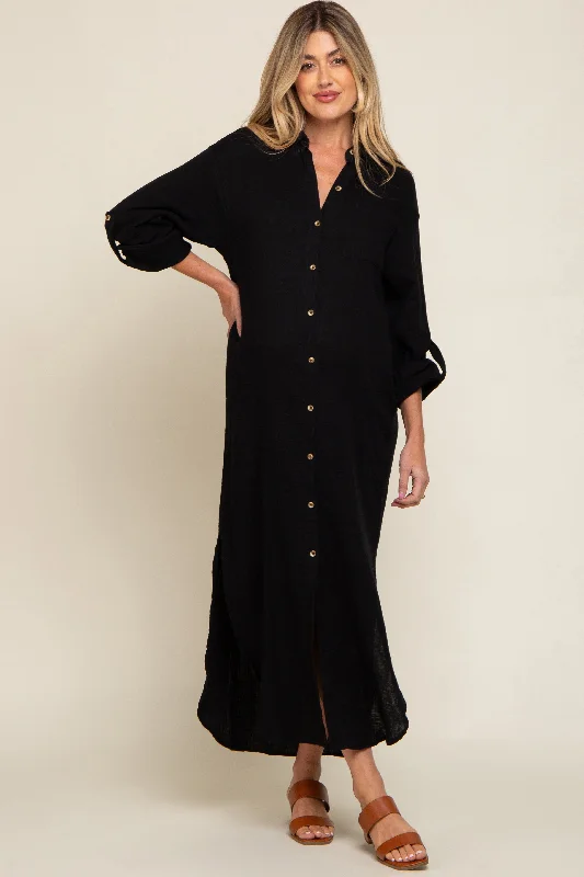 "Buy One, Get One 50% Off on Women's Dresses - Don't Miss Out!"Black Button Down 3/4 Sleeve Maternity Midi Dress "Buy One, Get One 50% Off on Women's Dresses - Don't Miss Out!"Black Button Down 3/4 Sleeve Maternity Midi Dress
