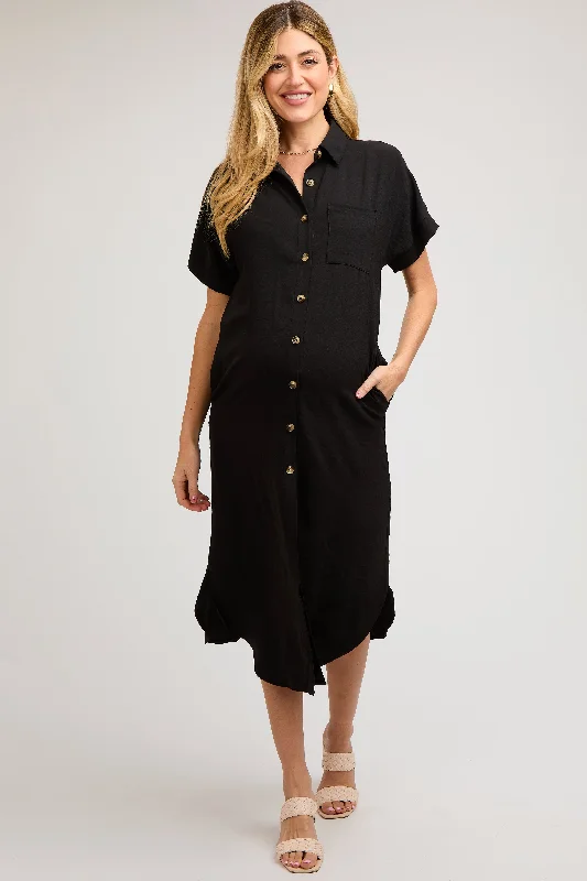 "Sustainable and eco - friendly women's dresses"Black Button Down Front Pocket Maternity Midi Dress