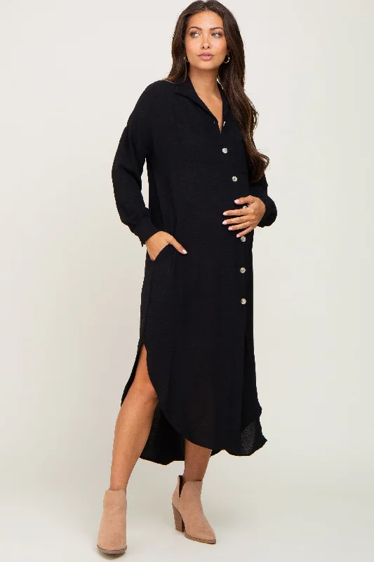 "Shirt dresses for women for a smart - casual style"Black Button Down Front Pocket Maternity Midi Dress "Shirt dresses for women for a smart - casual style"Black Button Down Front Pocket Maternity Midi Dress
