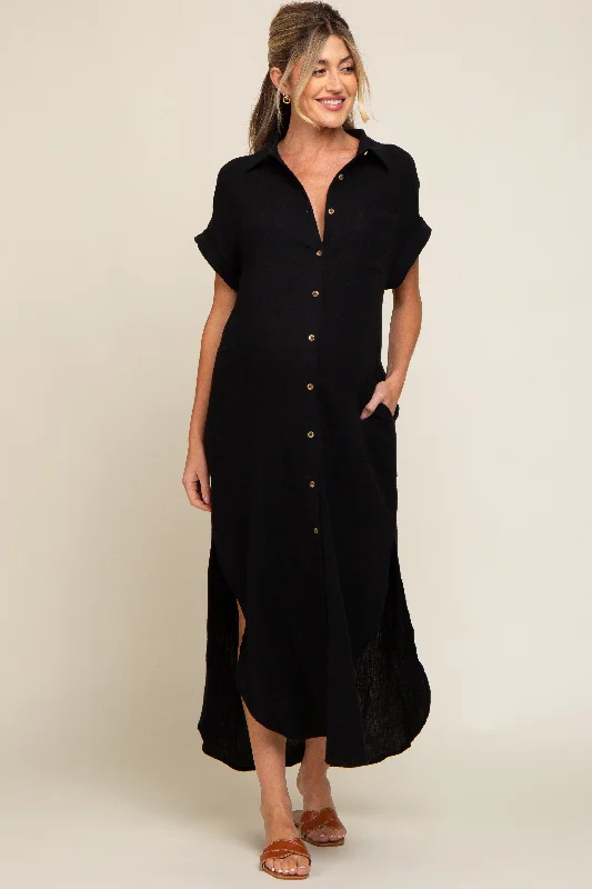 "Exclusive Discount: 30% Off All Women's Dresses for a Limited Period"Black Button Down Maternity Midi Dress "Exclusive Discount: 30% Off All Women's Dresses for a Limited Period"Black Button Down Maternity Midi Dress