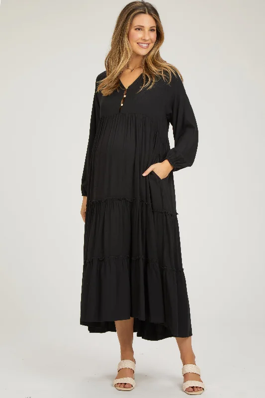 "Petite women's dresses with flattering fits"Black Button Front V-Neck Ruffle Tiered Maternity Midi Dress "Petite women's dresses with flattering fits"Black Button Front V-Neck Ruffle Tiered Maternity Midi Dress
