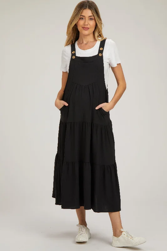 "Chiffon dresses for women with a flowy and light feel"Black Button Sling Tiered Maternity Midi Dress "Chiffon dresses for women with a flowy and light feel"Black Button Sling Tiered Maternity Midi Dress