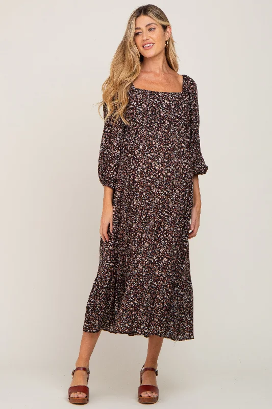 "Buy One, Get One 50% Off on Women's Dresses - Don't Miss Out!"Black Floral 3/4 Sleeve Maternity Midi Dress "Buy One, Get One 50% Off on Women's Dresses - Don't Miss Out!"Black Floral 3/4 Sleeve Maternity Midi Dress
