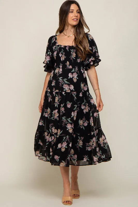 "Mother of the groom dresses for women in sophisticated designs"Black Floral Chiffon Ruffle Square Neck Smocked Maternity Midi Dress "Mother of the groom dresses for women in sophisticated designs"Black Floral Chiffon Ruffle Square Neck Smocked Maternity Midi Dress