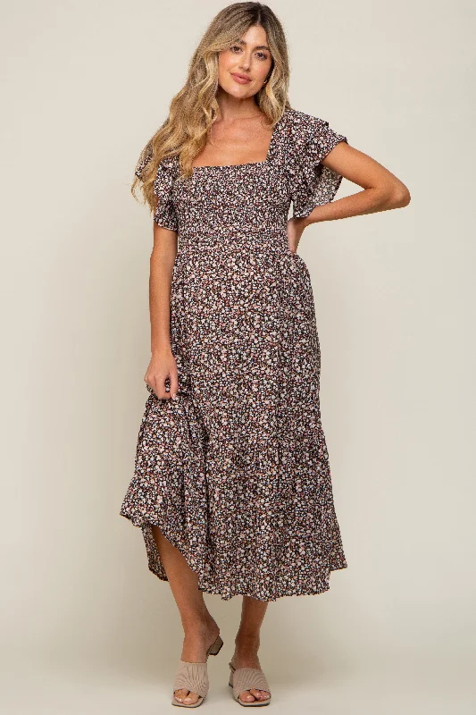 "T - shirt dresses for women for ultimate comfort"Black Floral Flutter Maternity Midi Dress "T - shirt dresses for women for ultimate comfort"Black Floral Flutter Maternity Midi Dress