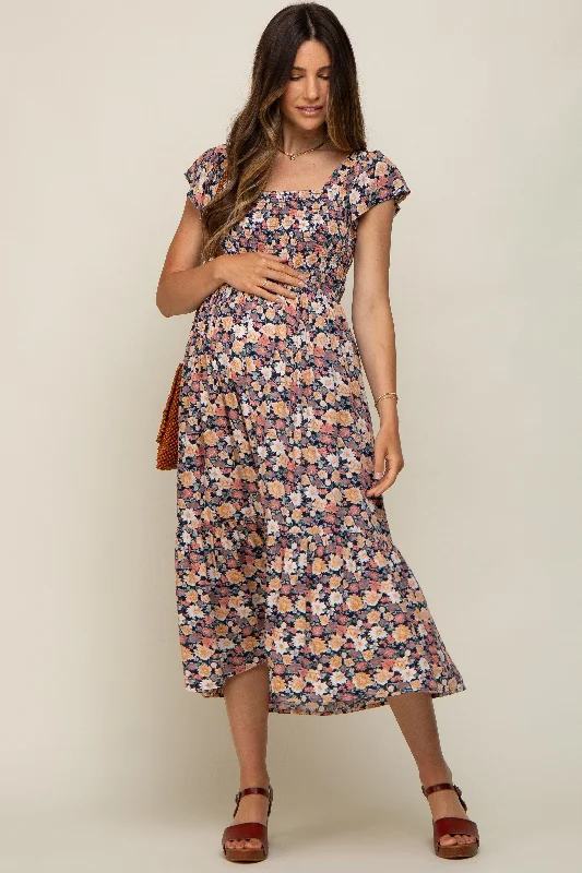 "Black dresses for women for a classic and timeless appearance"Black Floral Off Shoulder Smocked Maternity Midi Dress "Black dresses for women for a classic and timeless appearance"Black Floral Off Shoulder Smocked Maternity Midi Dress