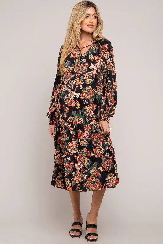 "White dresses for women for a fresh and clean look"Black Floral Ruffle Neck Tiered Maternity Midi Dress "White dresses for women for a fresh and clean look"Black Floral Ruffle Neck Tiered Maternity Midi Dress
