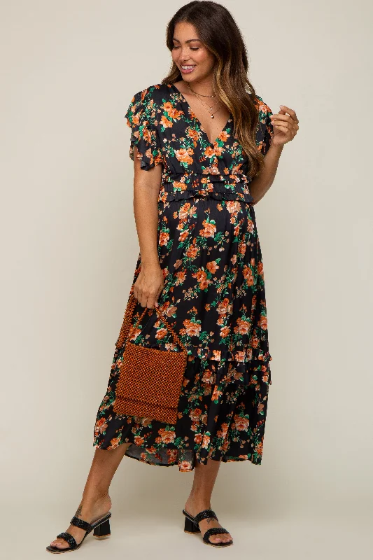 "Off - shoulder dresses for women to show off collarbones"Black Floral Satin Ruffle Maternity Midi Dress "Off - shoulder dresses for women to show off collarbones"Black Floral Satin Ruffle Maternity Midi Dress
