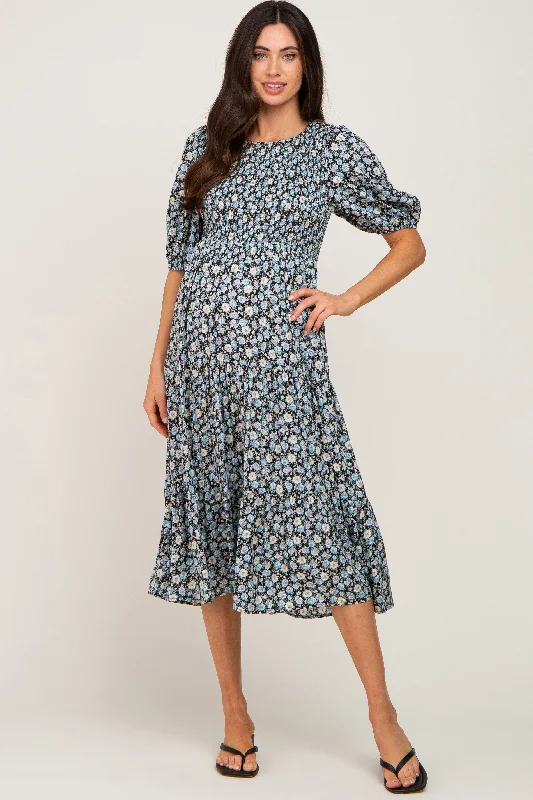 "Trendy casual dresses for women to wear at the beach"Black Floral Smocked Tiered Maternity Midi Dress "Trendy casual dresses for women to wear at the beach"Black Floral Smocked Tiered Maternity Midi Dress