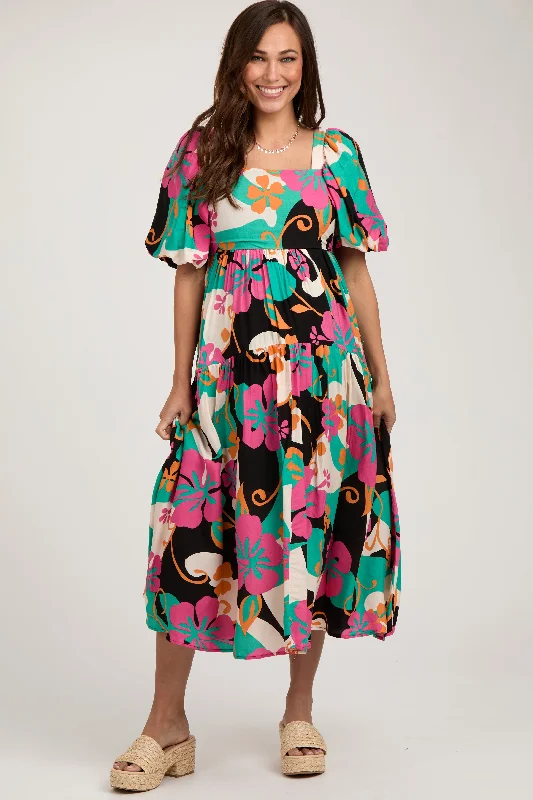 "Lace dresses for women for a romantic and elegant look"Black Floral Tiered Puff Sleeve Maternity Midi Dress "Lace dresses for women for a romantic and elegant look"Black Floral Tiered Puff Sleeve Maternity Midi Dress