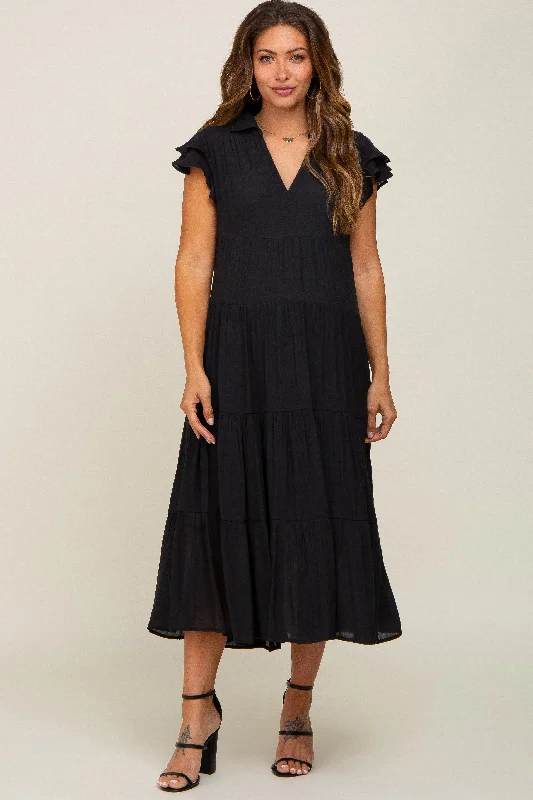 "Smart casual dresses for women for work - to - weekend transitions"Black Flutter Sleeve Tiered Maternity Midi Dress "Smart casual dresses for women for work - to - weekend transitions"Black Flutter Sleeve Tiered Maternity Midi Dress