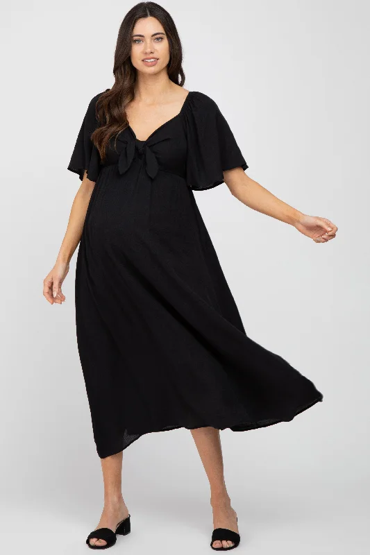 "Wrap dresses for women for an adjustable fit"Black Front Tie Ruffle Sleeve Maternity Midi Dress "Wrap dresses for women for an adjustable fit"Black Front Tie Ruffle Sleeve Maternity Midi Dress
