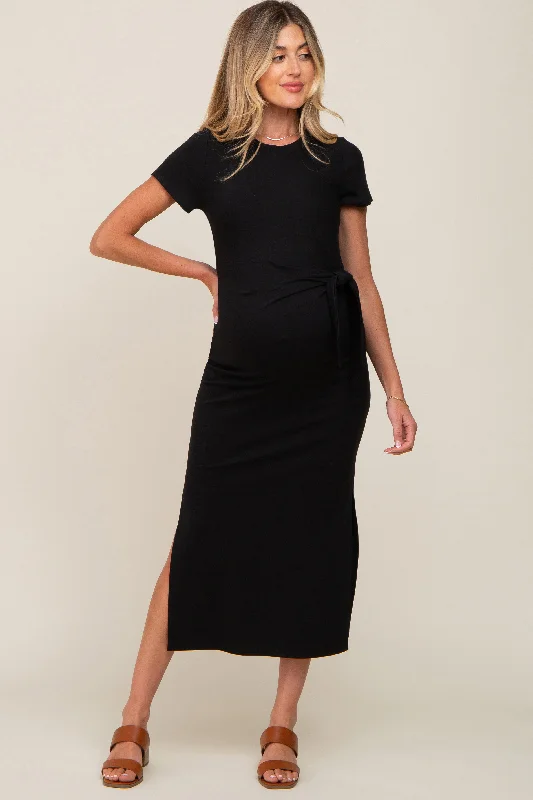"Lace dresses for women for a romantic and elegant look"Black Front Tie Side Slit Maternity Midi Dress "Lace dresses for women for a romantic and elegant look"Black Front Tie Side Slit Maternity Midi Dress