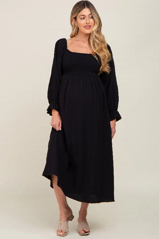 "Mother of the bride dresses for women in elegant styles"Black Gauze Smocked Maternity Midi Dress "Mother of the bride dresses for women in elegant styles"Black Gauze Smocked Maternity Midi Dress