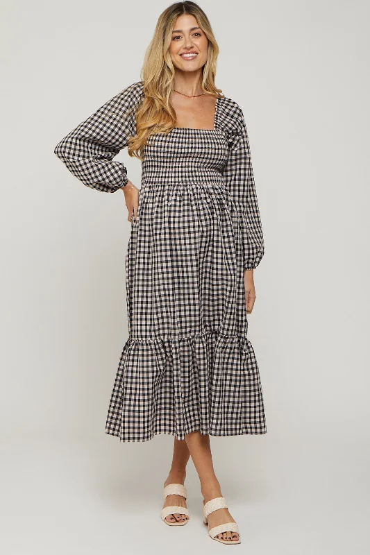 "Buy One, Get One 50% Off on Women's Dresses - Don't Miss Out!"Black Gingham Long Sleeve Maternity Midi Dress "Buy One, Get One 50% Off on Women's Dresses - Don't Miss Out!"Black Gingham Long Sleeve Maternity Midi Dress