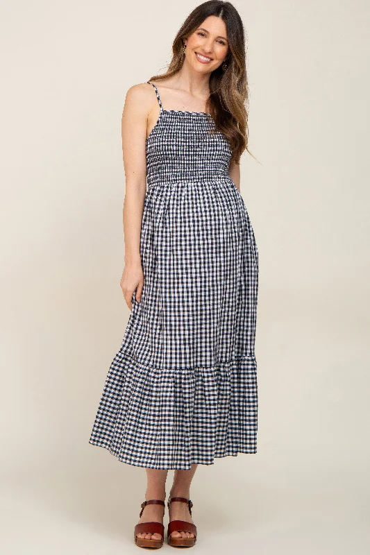Clearance Sale: Women's Dresses Black Gingham Smocked Maternity Midi Dress