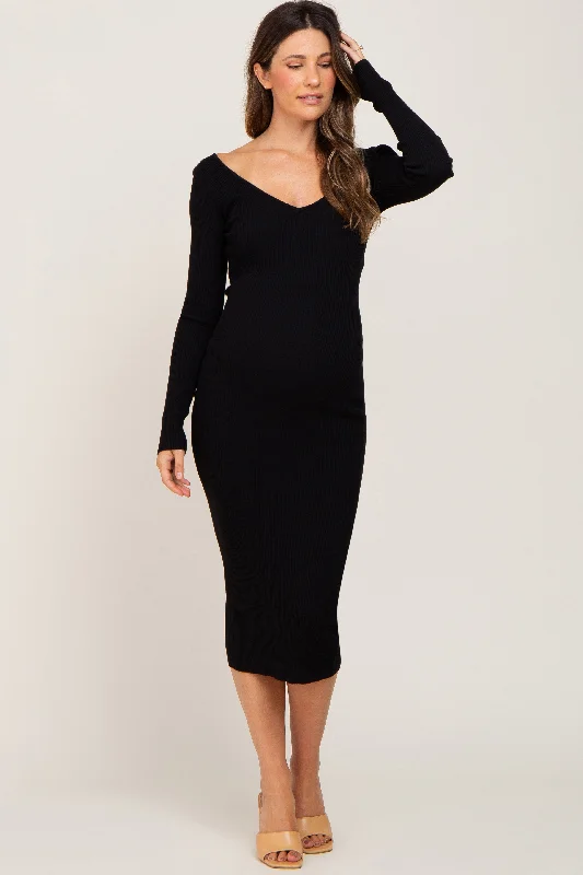 "Exclusive Discount: 30% Off All Women's Dresses for a Limited Period"Black Knit Ribbed Maternity Midi Dress "Exclusive Discount: 30% Off All Women's Dresses for a Limited Period"Black Knit Ribbed Maternity Midi Dress