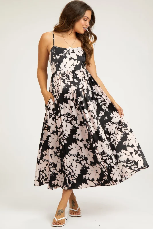 "Sleeveless dresses for women during hot summer days"Black Leaf Print Satin Square Neck Maternity Midi Dress "Sleeveless dresses for women during hot summer days"Black Leaf Print Satin Square Neck Maternity Midi Dress