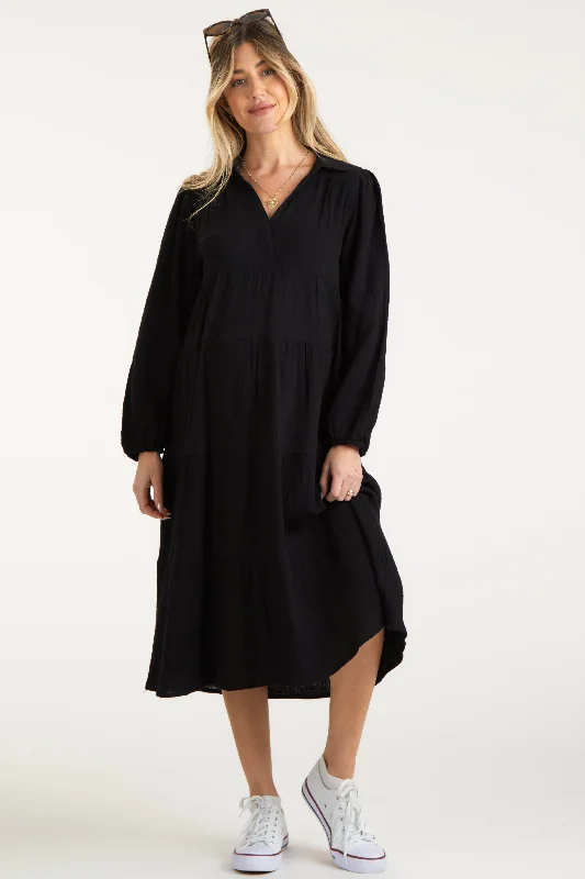 "Boho wedding dresses for women for a free - spirited vibe"Black Light Weight Collared Tiered Maternity Midi Dress "Boho wedding dresses for women for a free - spirited vibe"Black Light Weight Collared Tiered Maternity Midi Dress
