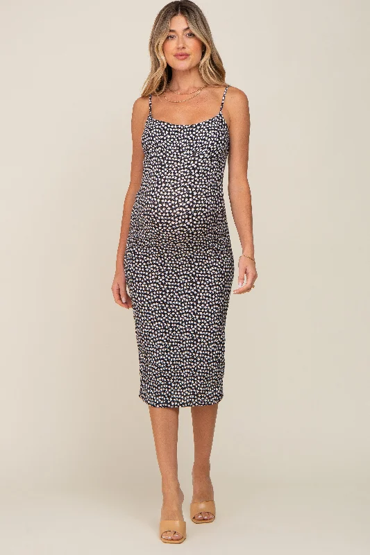 "Bohemian - style women's dresses for music festivals"Black Printed Ribbed Sleeveless Maternity Midi Dress "Bohemian - style women's dresses for music festivals"Black Printed Ribbed Sleeveless Maternity Midi Dress
