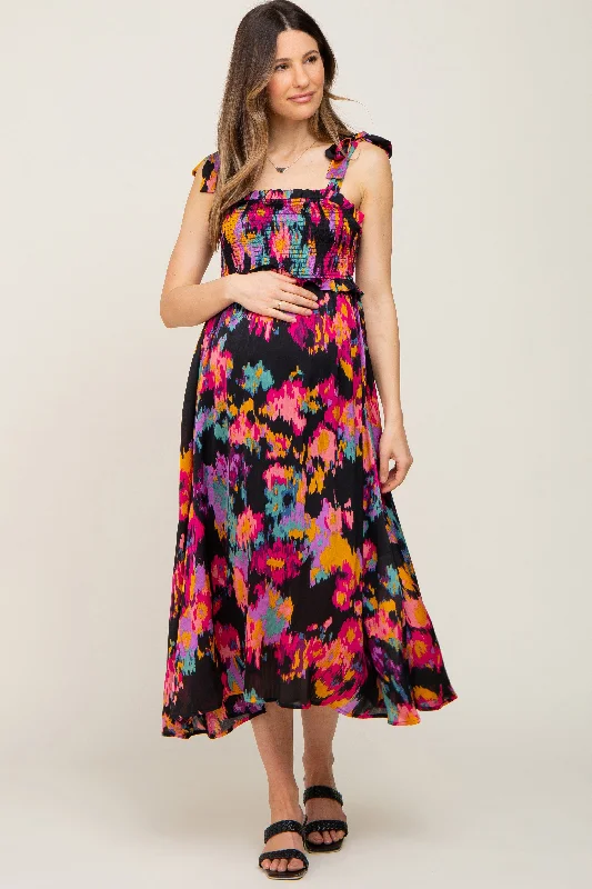 "Maxi dresses for women to wear in the fall"Black Printed Satin Smocked Maternity Midi Dress "Maxi dresses for women to wear in the fall"Black Printed Satin Smocked Maternity Midi Dress