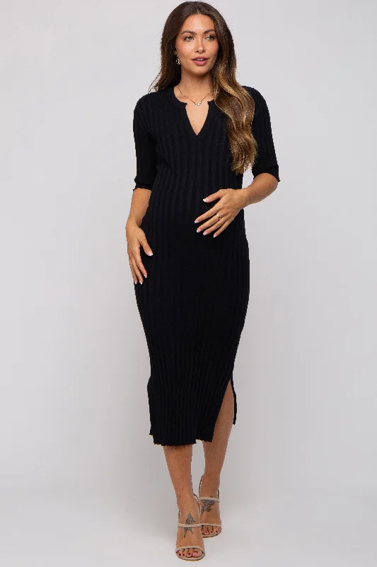 "Maxi dresses for women to wear in the fall"Black Ribbed Knit Maternity Midi Dress