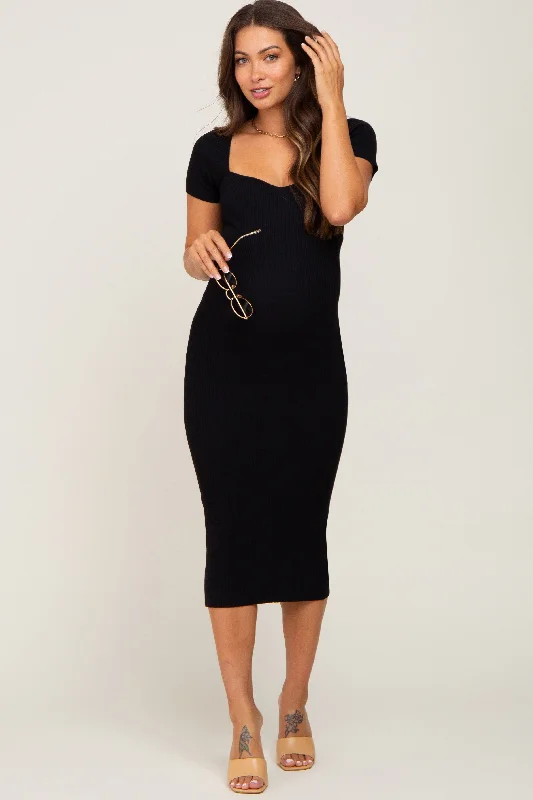 "White dresses for women for a fresh and clean look"Black Ribbed Maternity Midi Dress "White dresses for women for a fresh and clean look"Black Ribbed Maternity Midi Dress
