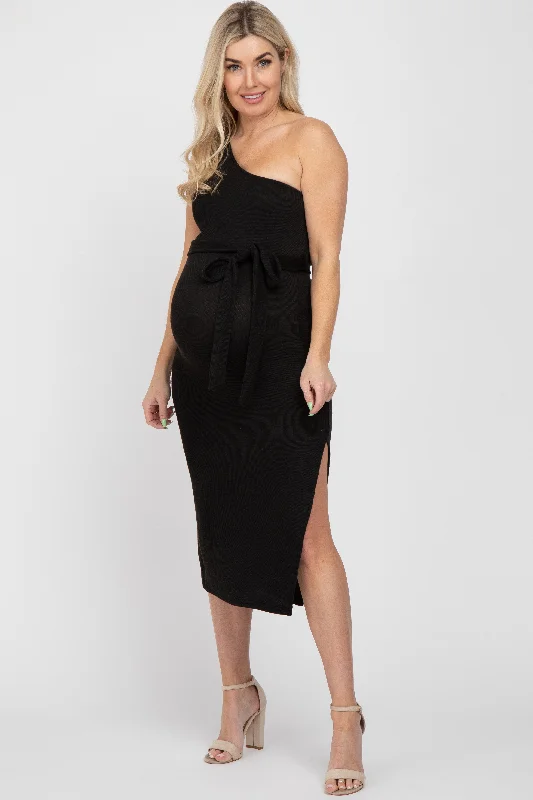 "Sequined dresses for women to shine at parties"Black Ribbed One Shoulder Side Slit Maternity Midi Dress "Sequined dresses for women to shine at parties"Black Ribbed One Shoulder Side Slit Maternity Midi Dress