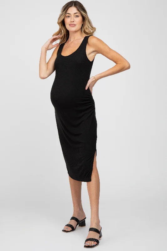 "Bodycon dresses for women to show off curves"Black Ribbed Ruched Maternity Fitted Midi Dress "Bodycon dresses for women to show off curves"Black Ribbed Ruched Maternity Fitted Midi Dress