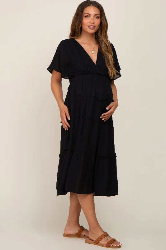 "Satin dresses for women for a luxurious appearance"Black Ruffle Tiered V-Neck Maternity Midi Dress "Satin dresses for women for a luxurious appearance"Black Ruffle Tiered V-Neck Maternity Midi Dress