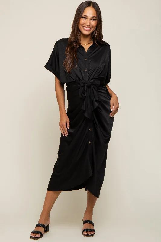 "Petite women's dresses with flattering fits"Black Satin Button Down Gathered Maternity Midi Dress "Petite women's dresses with flattering fits"Black Satin Button Down Gathered Maternity Midi Dress