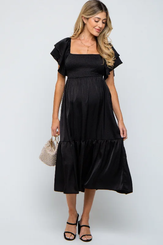 "New Arrivals Discount: 20% Off on Latest Women's Dress Collections"Black Satin Flutter Sleeve Maternity Midi Dress "New Arrivals Discount: 20% Off on Latest Women's Dress Collections"Black Satin Flutter Sleeve Maternity Midi Dress