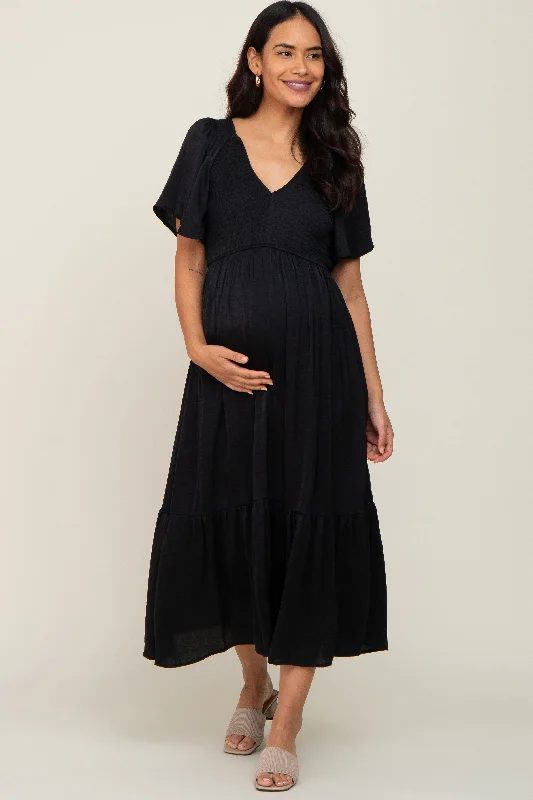 "T - shirt dresses for women for ultimate comfort"Black Satin Smocked Maternity Midi Dress "T - shirt dresses for women for ultimate comfort"Black Satin Smocked Maternity Midi Dress