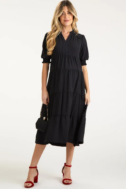 "Mother of the bride dresses for women in elegant styles"Black Short Sleeve Tiered Maternity Midi Dress "Mother of the bride dresses for women in elegant styles"Black Short Sleeve Tiered Maternity Midi Dress