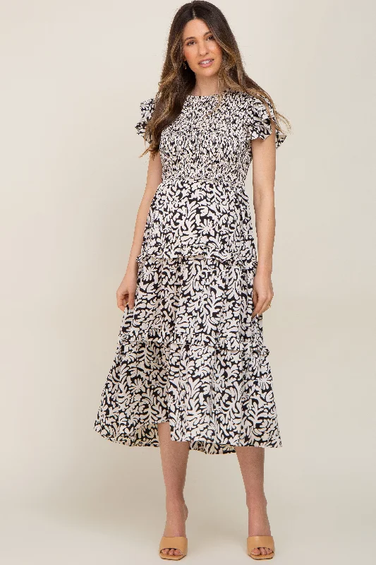 "Hurry! Limited Stock - Get Your Dream Dress with a Special Discount"Black Smocked Ruffle Tiered Maternity Midi Dress "Hurry! Limited Stock - Get Your Dream Dress with a Special Discount"Black Smocked Ruffle Tiered Maternity Midi Dress