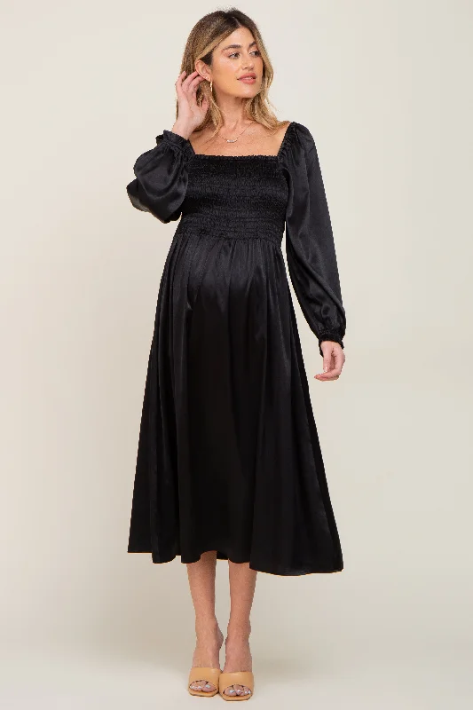 "Lace dresses for women for a romantic and elegant look"Black Smocked Square Neck Satin Maternity Midi Dress "Lace dresses for women for a romantic and elegant look"Black Smocked Square Neck Satin Maternity Midi Dress