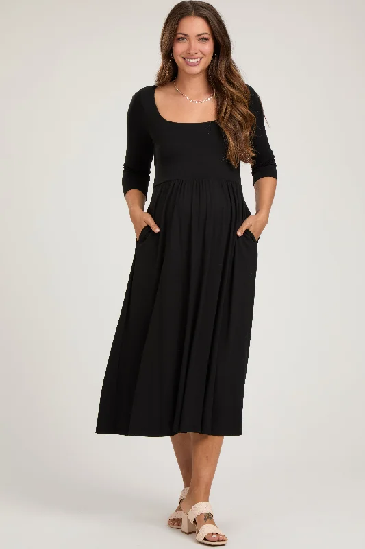 "New Arrivals Discount: 20% Off on Latest Women's Dress Collections"Black Square Neck 3/4 Sleeve Maternity Midi Dress "New Arrivals Discount: 20% Off on Latest Women's Dress Collections"Black Square Neck 3/4 Sleeve Maternity Midi Dress