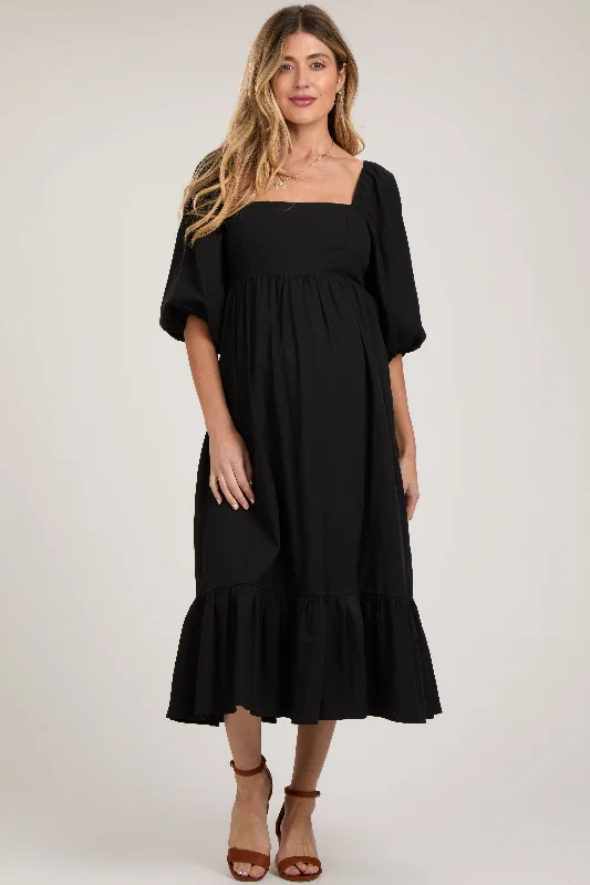 "Stylish cocktail dresses for women on a budget"Black Square Neck Puff Sleeve Maternity Midi Dress "Stylish cocktail dresses for women on a budget"Black Square Neck Puff Sleeve Maternity Midi Dress