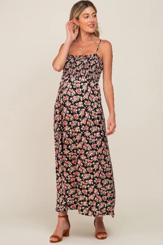 "Pleated dresses for women with a graceful movement"Black Square Neck Smocked Maternity Midi Dress "Pleated dresses for women with a graceful movement"Black Square Neck Smocked Maternity Midi Dress