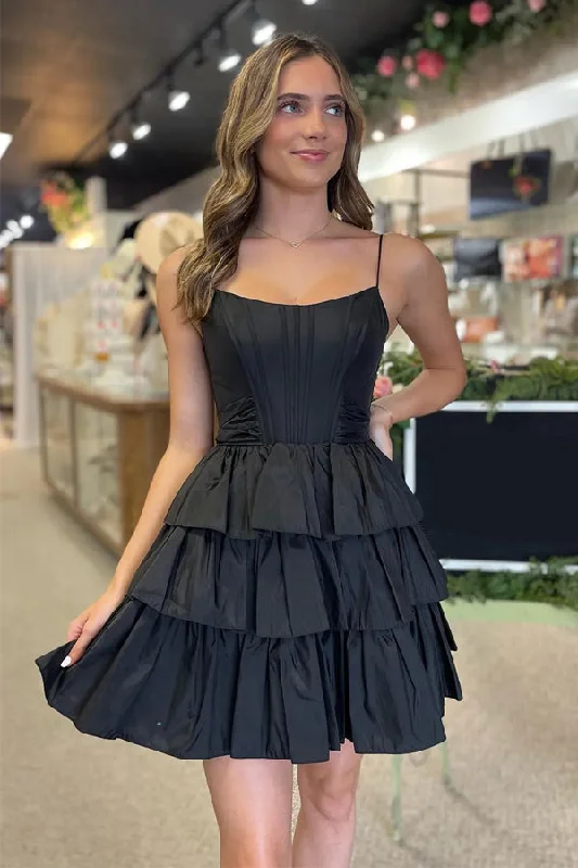"Designer - inspired women's evening dresses"Black Straps Satin A-Line Short Corset Homecoming Dress With Bow PD543 "Designer - inspired women's evening dresses"Black Straps Satin A-Line Short Corset Homecoming Dress With Bow PD543