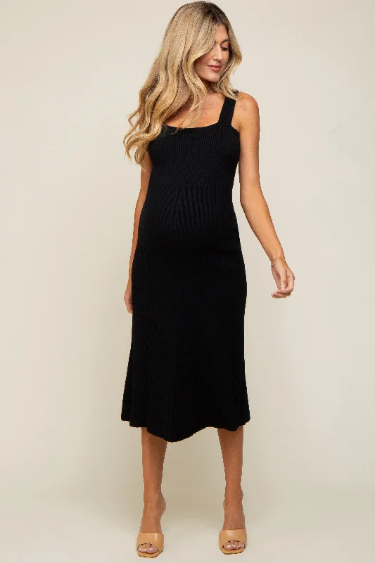 "Comfortable maternity dresses for pregnant women"Black Sweater Knit A-Line Maternity Midi Dress "Comfortable maternity dresses for pregnant women"Black Sweater Knit A-Line Maternity Midi Dress