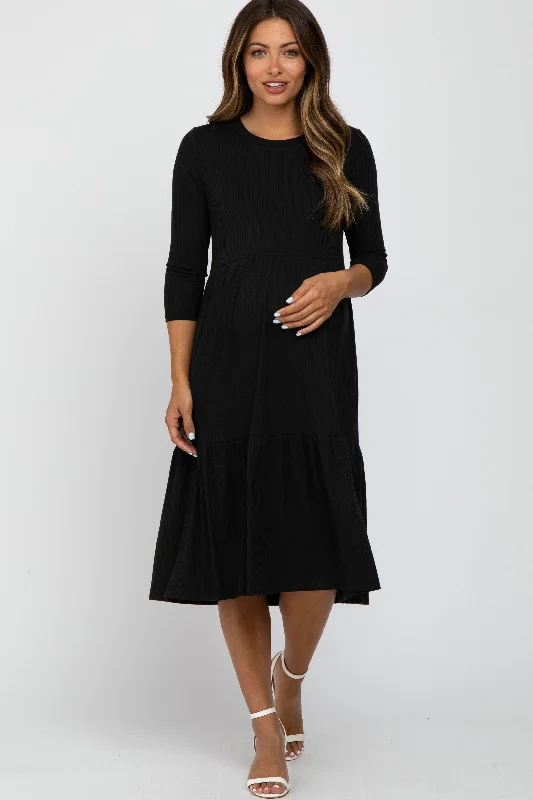 "Plus size wedding dresses for women with a perfect fit"Black Tiered Ribbed 3/4 Sleeve Maternity Midi Dress "Plus size wedding dresses for women with a perfect fit"Black Tiered Ribbed 3/4 Sleeve Maternity Midi Dress