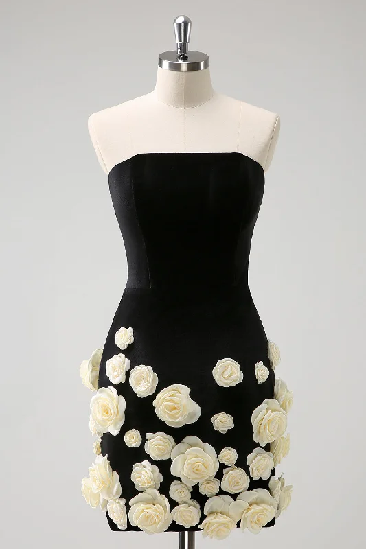 "Stylish cocktail dresses for women on a budget"Black Tight Strapless Flowers Short Prom Dress "Stylish cocktail dresses for women on a budget"Black Tight Strapless Flowers Short Prom Dress