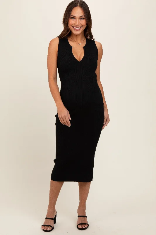 "Beach wedding dresses for women for a laid - back ceremony"Black V-Neck Knit Maternity Midi Dress "Beach wedding dresses for women for a laid - back ceremony"Black V-Neck Knit Maternity Midi Dress
